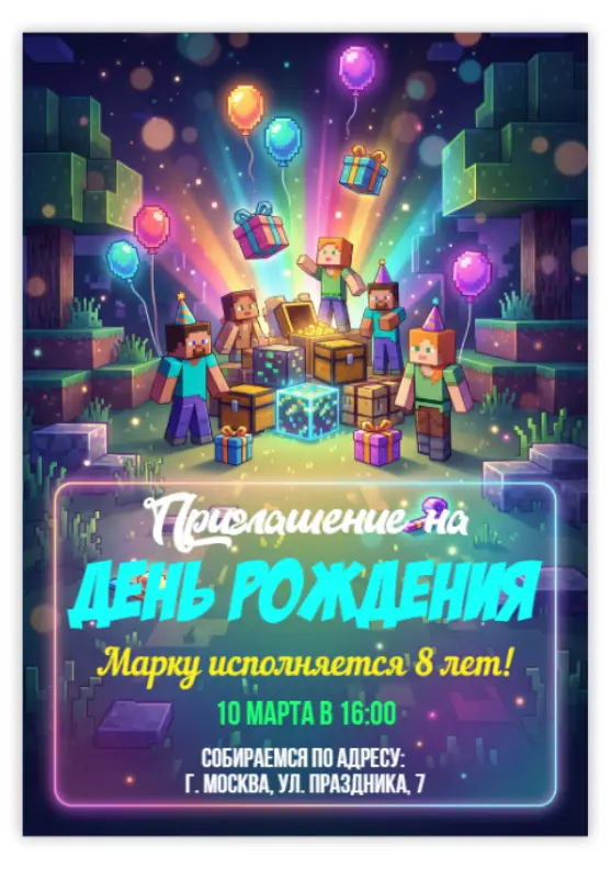 Приглашение для дня рождения Майнкрафт