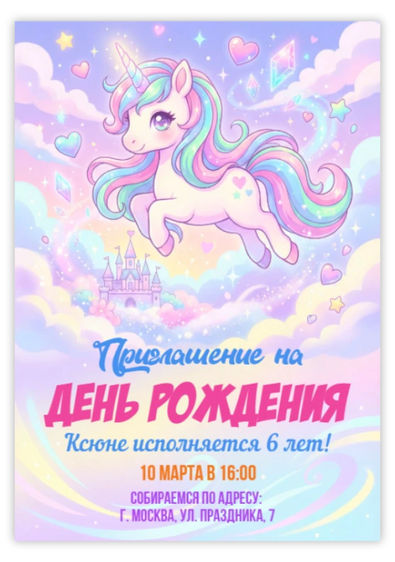 Приглашение на день рождения «Единорог»