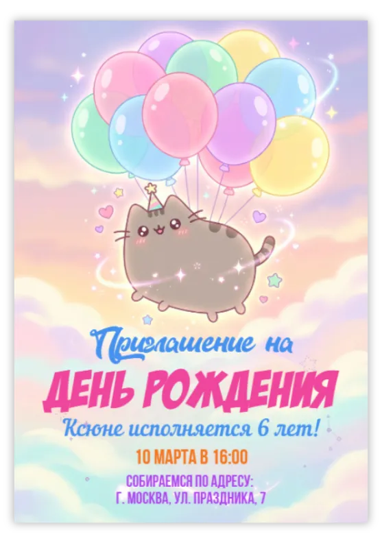 Приглашение на день рождения «Кот Пушин»