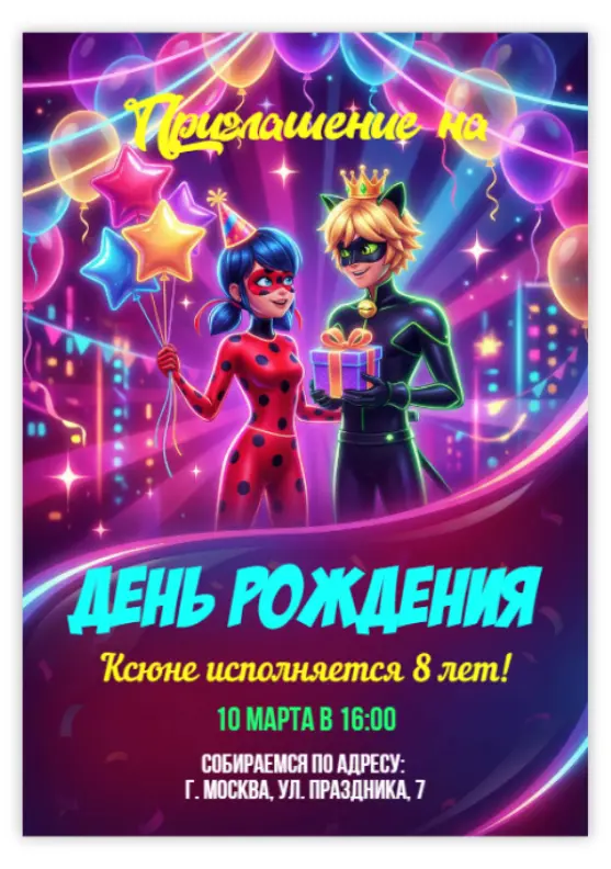 Приглашение на день рождения Леди Баг и Супер-Кот