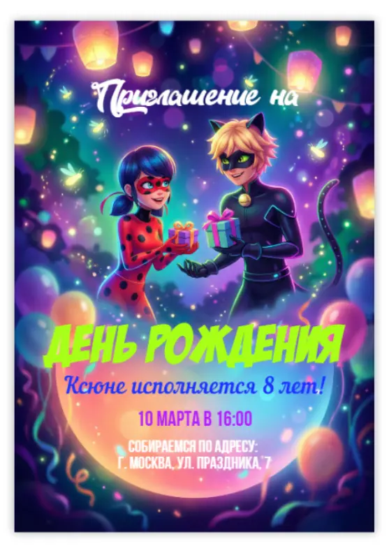 Приглашение на день рождения с героями Леди Баг