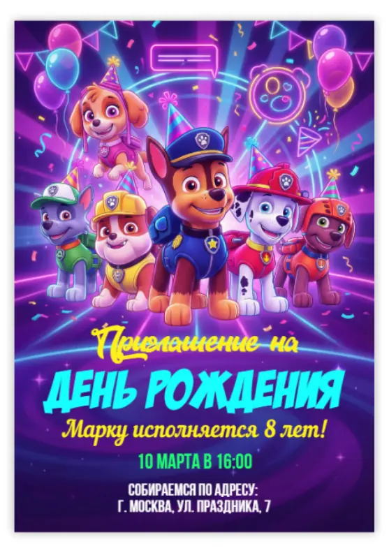 Приглашение на день рождения с героями Щенячий патруль