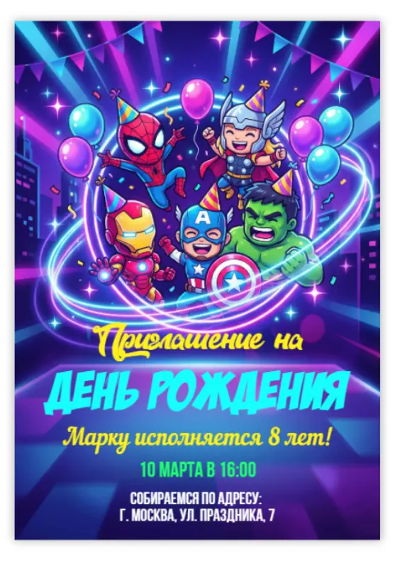 Приглашение на день рождения с супергероями