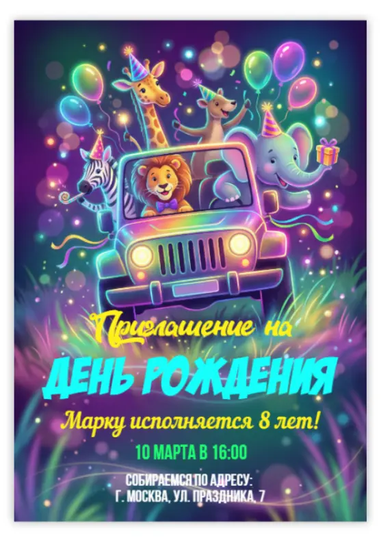 Приглашение на день рождения с веселыми животными