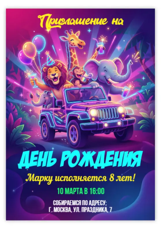Приглашение на день рождения с животными в тачке