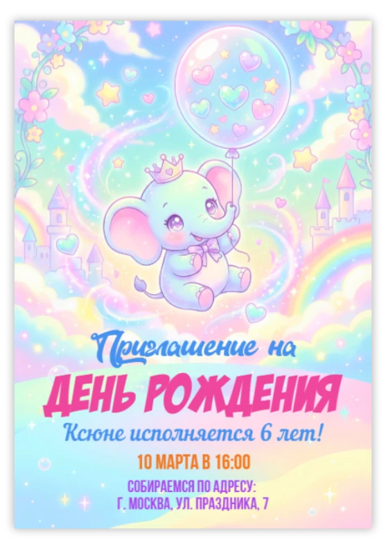 Приглашение на день рождения «Слоник с шариком»