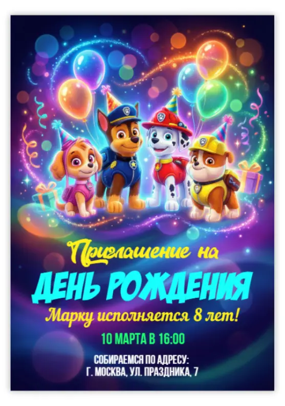 Приглашение на день рождения в стиле Щенячий патруль