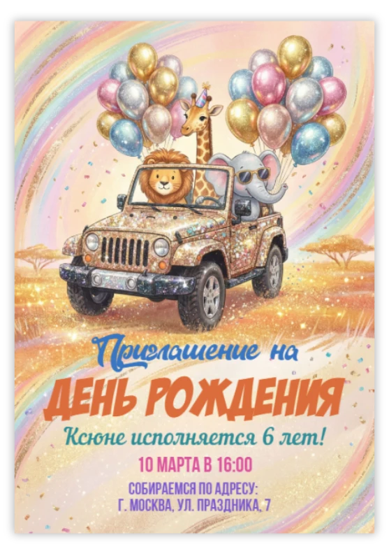 Приглашение на день рождения «Животные в автомобиле»