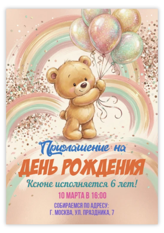Приглашение на праздник «Медвежонок с шариками»