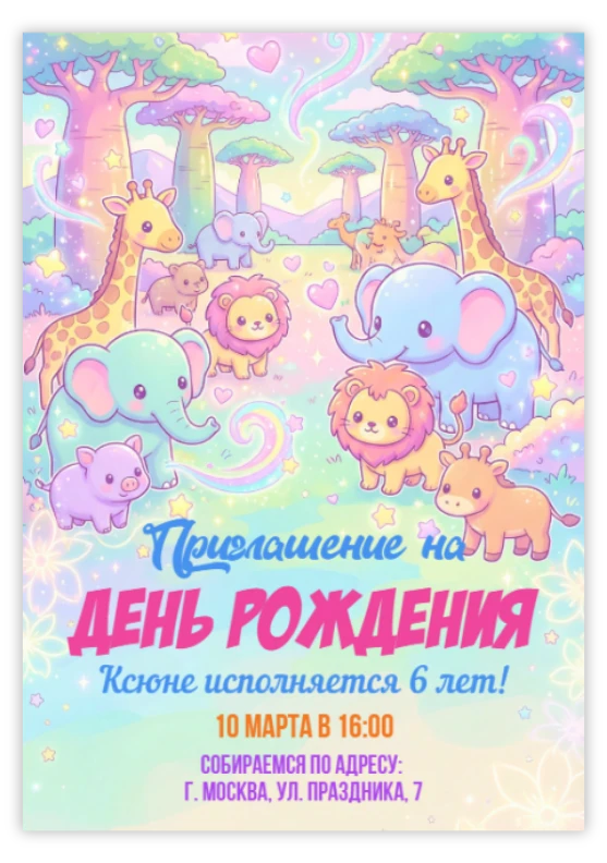 Приглашение на праздник «Животные сафари»