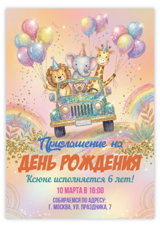 Приглашение на праздник «Животные в автомобиле»