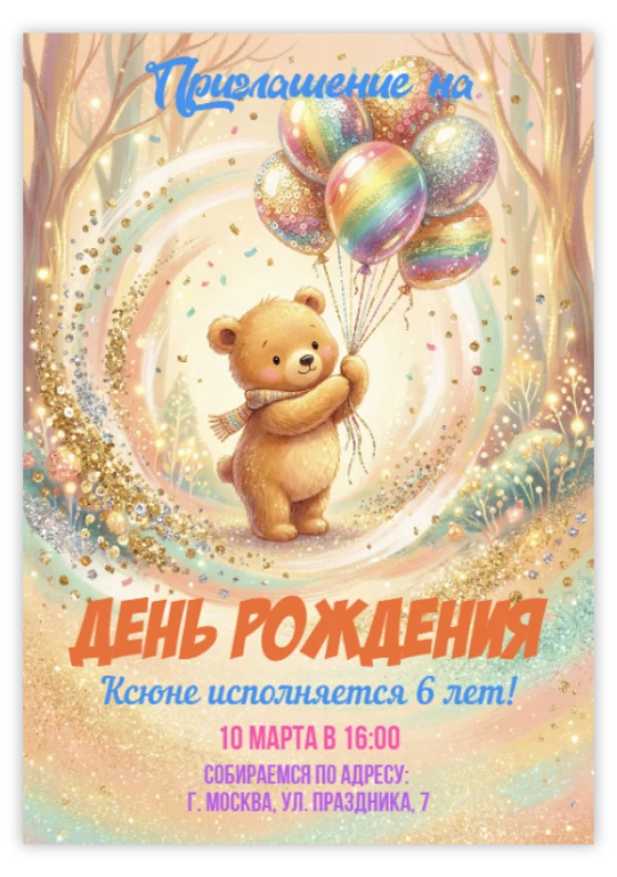 Пригласительное «Медвежонок с шариками»