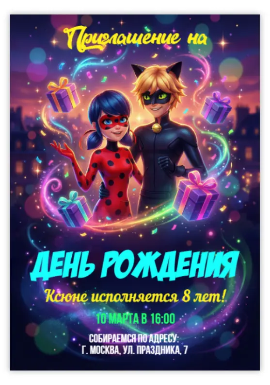 Пригласительное на день рождения с Леди Баг и Супер-Котом