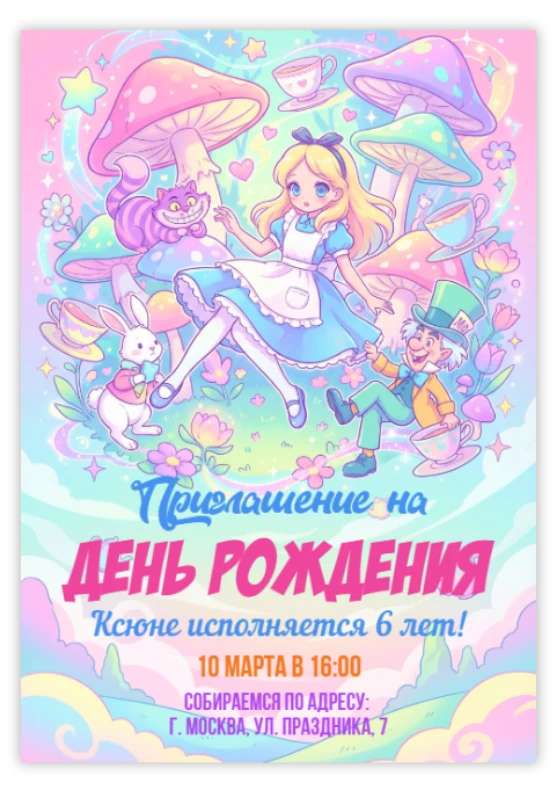 Пригласительное на вечеринку «Алиса в Стране чудес»