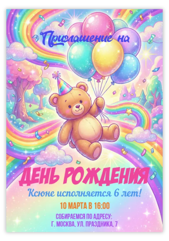 Пригласительное на вечеринку «Медведь с шариками»