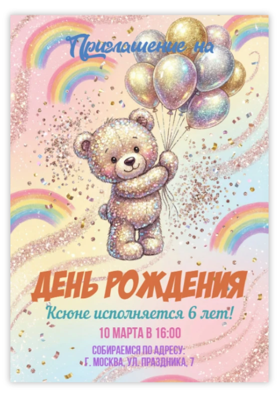 Пригласительное на вечеринку «Медвежонок с шариками»