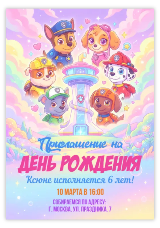 Пригласительное на вечеринку «Щенячий патруль»